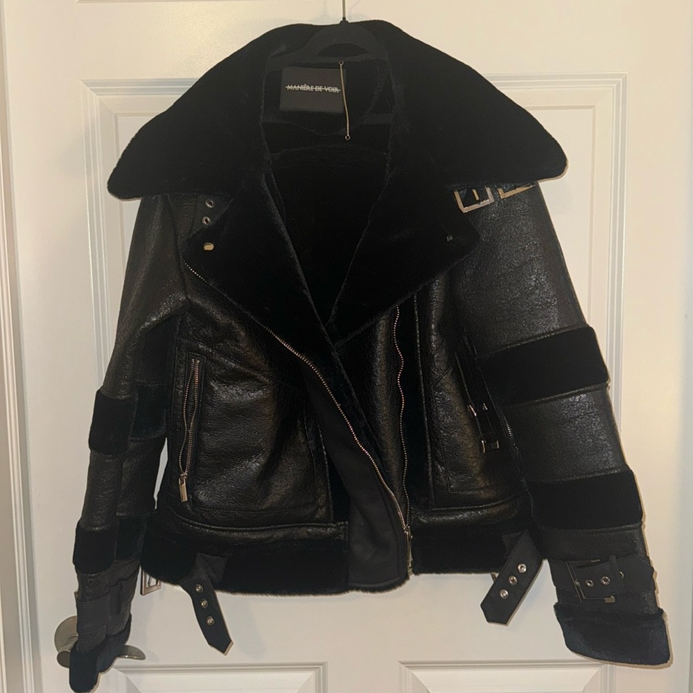 Maniere De Voir Cracked Vegan Leather Biker Jacket Black